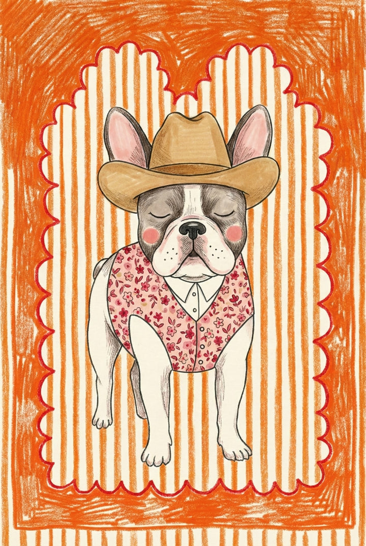 Cute illustration of a French Bulldog wearing a tan cowboy hat and a floral vest over a collared shirt. The dog stands with eyes closed and blushing cheeks, set against a vertical orange-striped background with a playful scalloped frame.