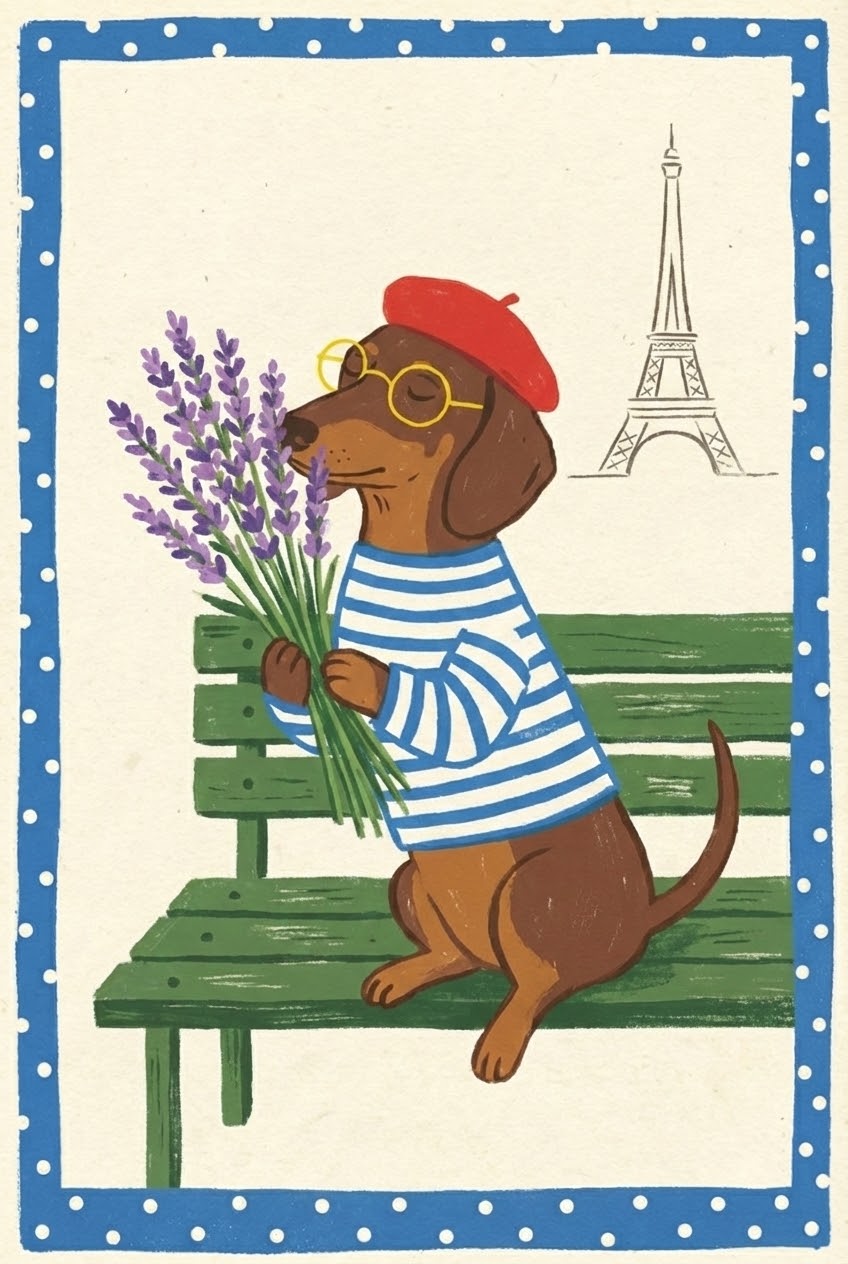 Dachshund wearing a striped shirt, red beret, and glasses sitting on a bench and hugging a bouquet of lavender, with a sketch of the Eiffel Tower in the background, framed by blue polka dots.
