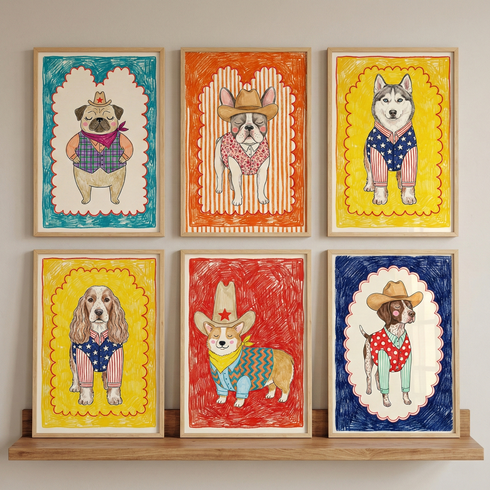 Dog Kids Room Wall Art Set Of 6 - Western Woof Pack