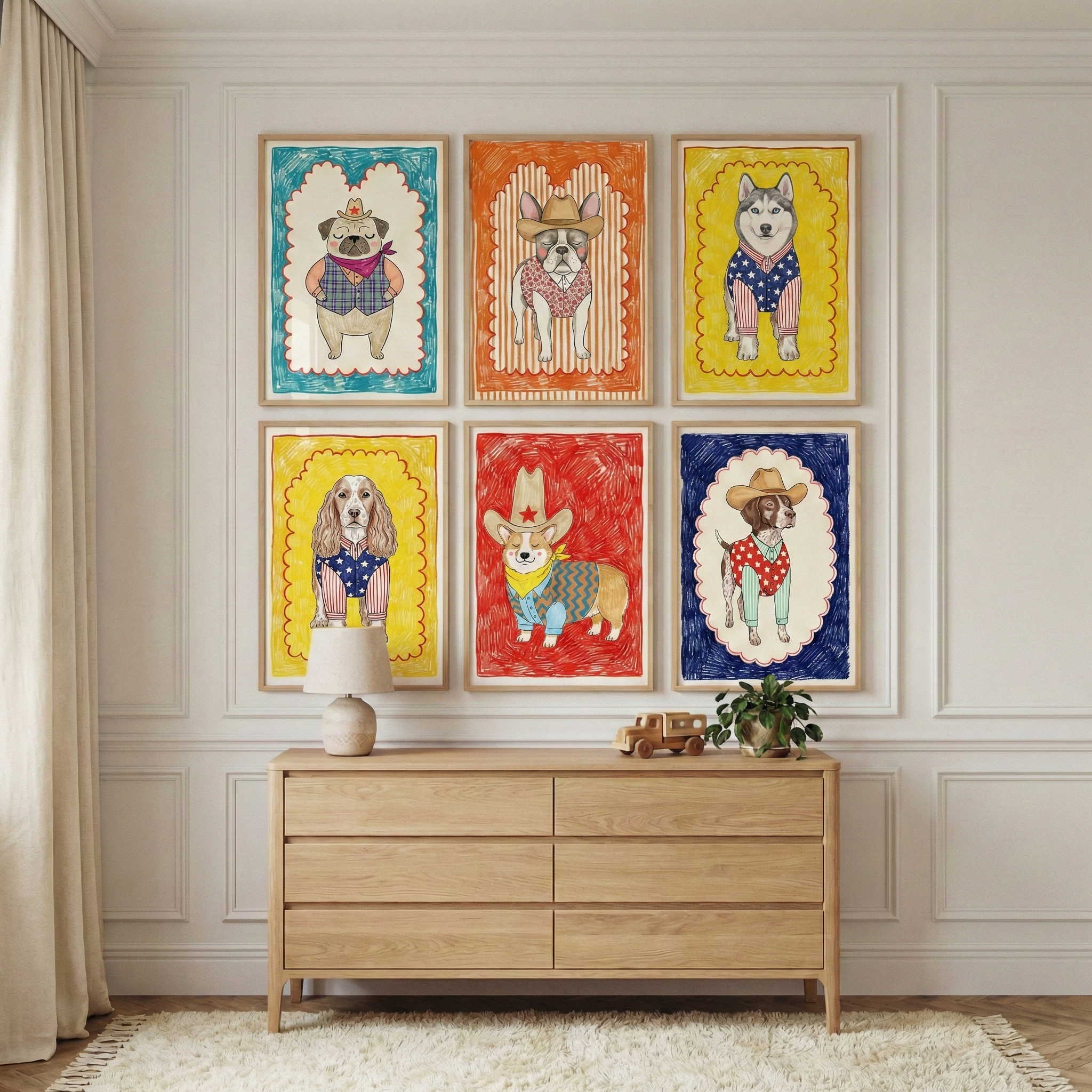 Dog Kids Room Wall Art Set Of 6 - Western Woof Pack