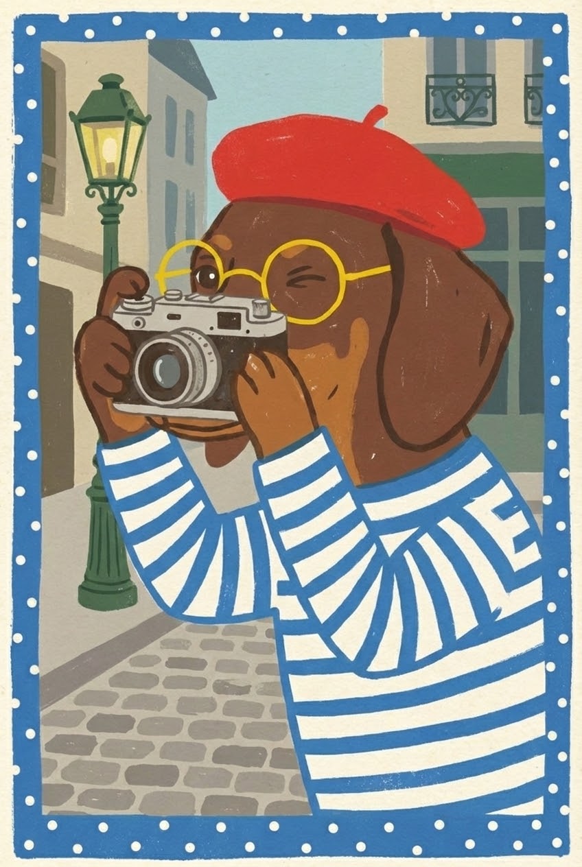 Dachshund dressed in a striped shirt and red beret holding a vintage camera up to its face in a city street scene, with a blue polka dot border.