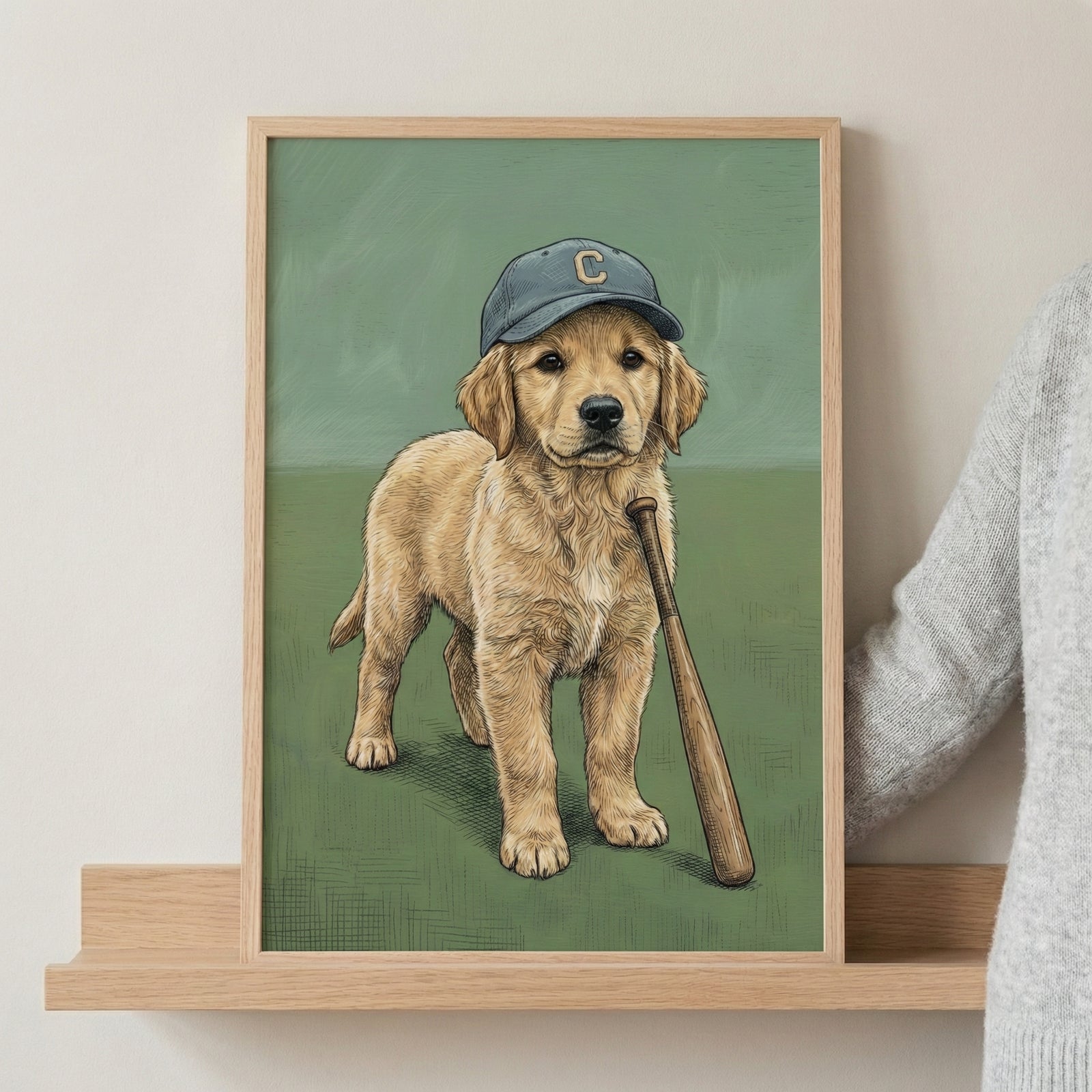 Golden retriever puppy illustration featuring the pup in a blue baseball cap with a yellow “C,” standing confidently with a baseball bat leaning against its shoulder. The green background and sketch-style texture give it a classic sports portrait feel.