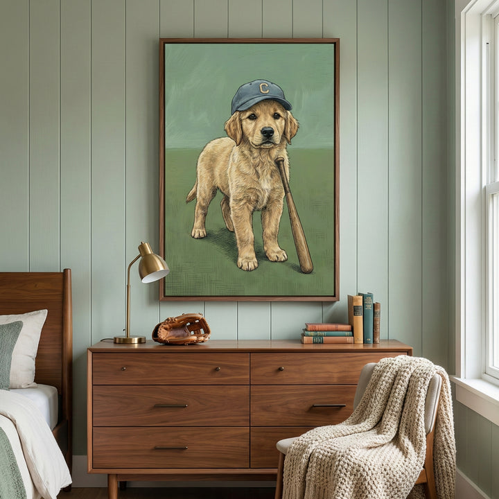 Sporty puppy baseball print framed and displayed in a boy's room with wood furnishings. The illustration adds a fun, vintage sports flair to the space.