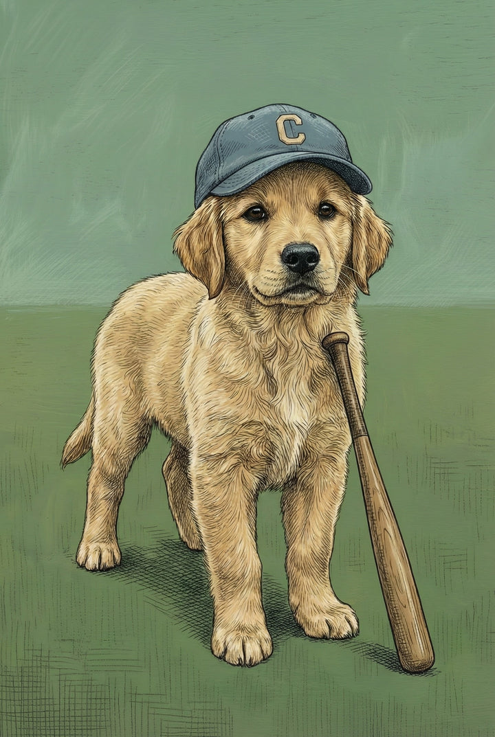 A golden retriever puppy stands on a green field wearing a blue baseball cap with the letter "C" on it, holding a wooden baseball bat propped against its shoulder. The playful illustration gives the pup a sporty, team-player vibe.