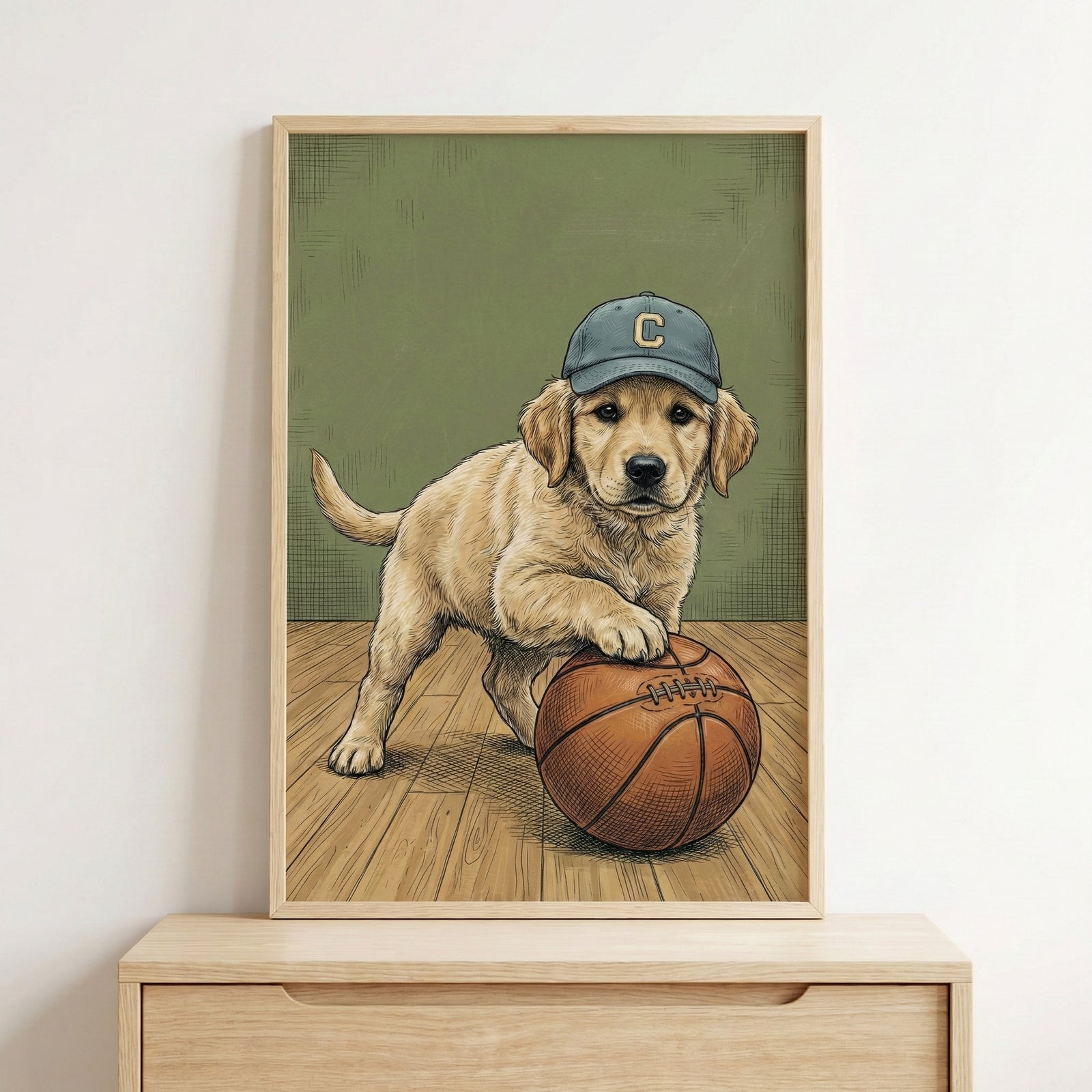 Illustration of a golden retriever puppy wearing a blue cap with a yellow "C" on it, standing on a wooden gym floor with one paw resting on a basketball. The puppy gazes forward with a confident, playful expression.
