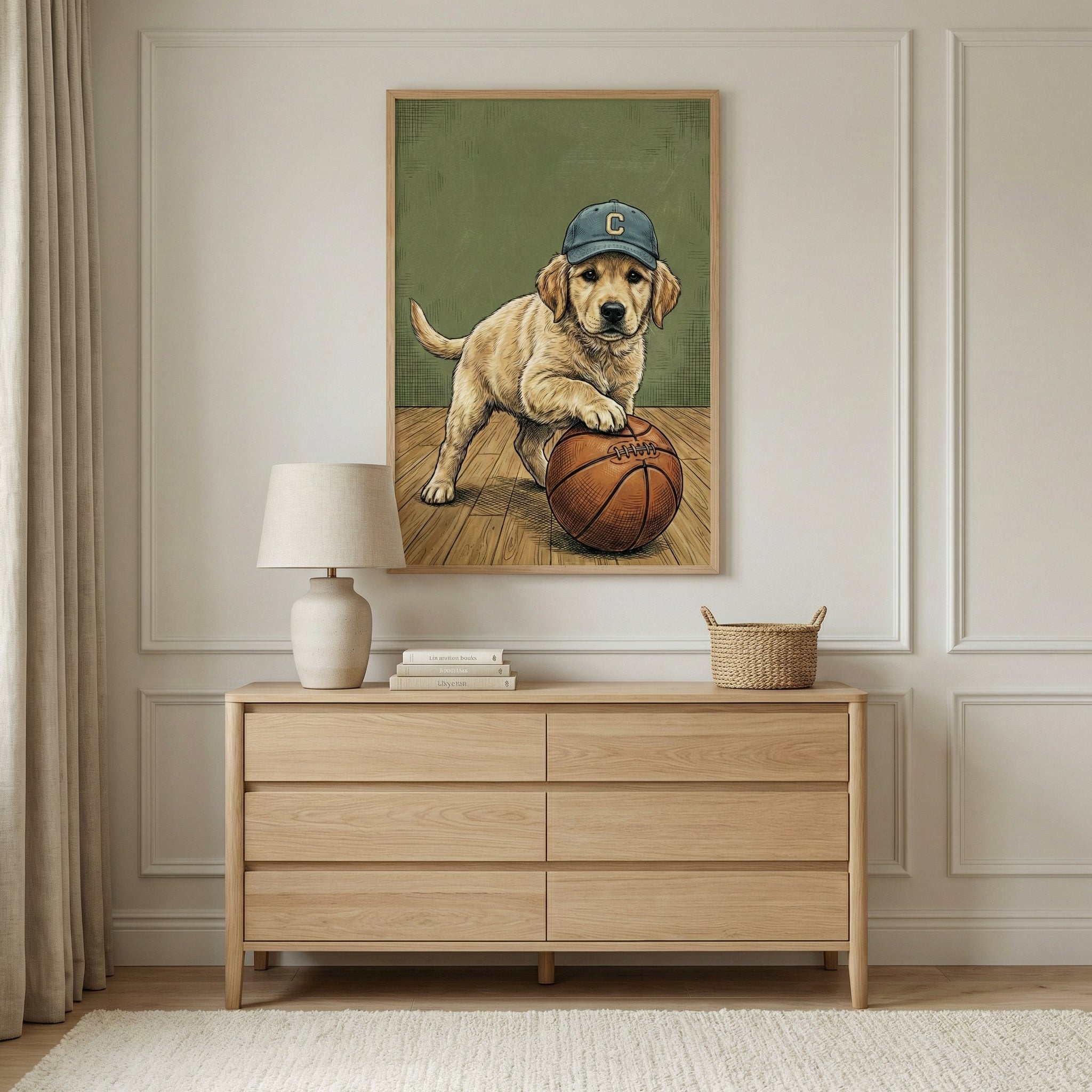 Framed print of a puppy with a basketball and cap, hanging above a wooden dresser in a neutral-toned room. The playful artwork adds a sporty and charming vibe to the decor.