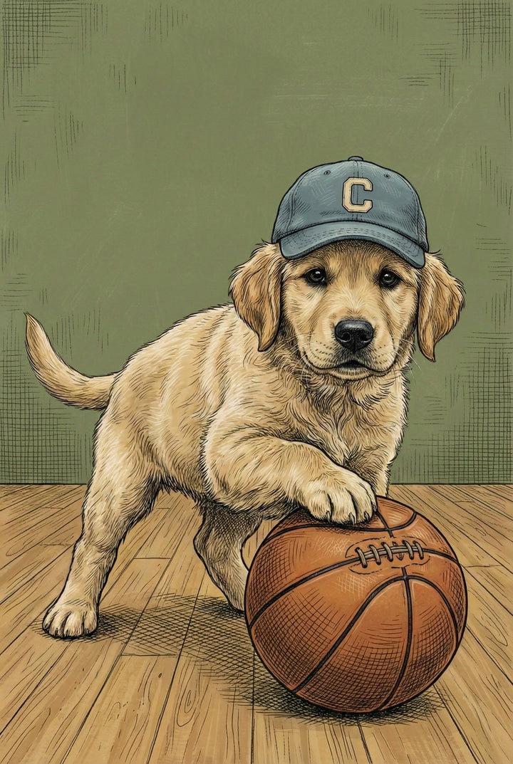 A golden retriever puppy wearing a blue baseball cap with the letter "C" on it rests one paw on a basketball. The scene is set on a wooden gym floor with a green wall in the background, giving it a sporty, playful vibe.