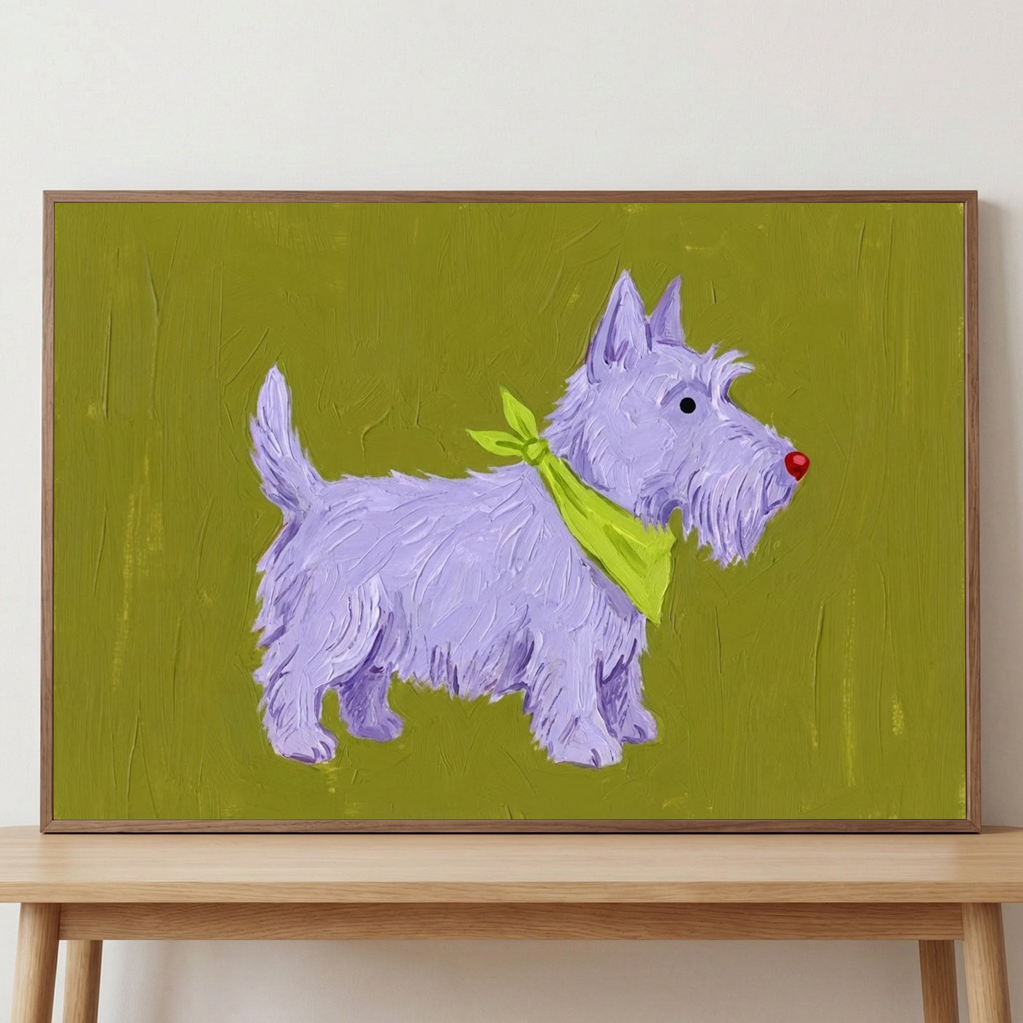 A playful painting of a fluffy lavender-colored terrier with a bright green bandana and a red nose, standing against an olive green background. The textured brushwork gives this cute pup a cheerful, cartoonish style.