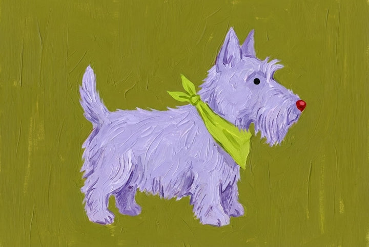 Whimsical oil painting of a fluffy lavender dog resembling a Scottish Terrier, wearing a bright green bandana. The dog has a red nose and stands in profile against an olive green background, adding a quirky charm to the portrait.