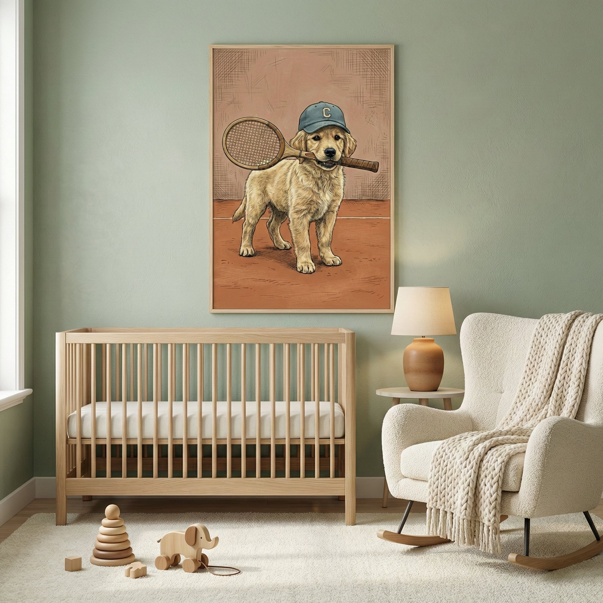 Tennis-themed puppy print displayed above a crib in a softly lit nursery. The detailed illustration brings a sweet, sporty touch to the room.