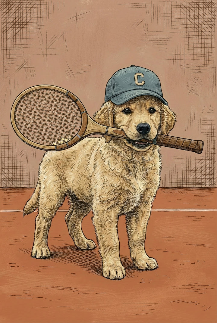 A golden retriever puppy wearing a blue cap with the letter "C" stands on a clay tennis court, holding a wooden tennis racket in its mouth. The playful image combines sporty charm with adorable puppy energy.