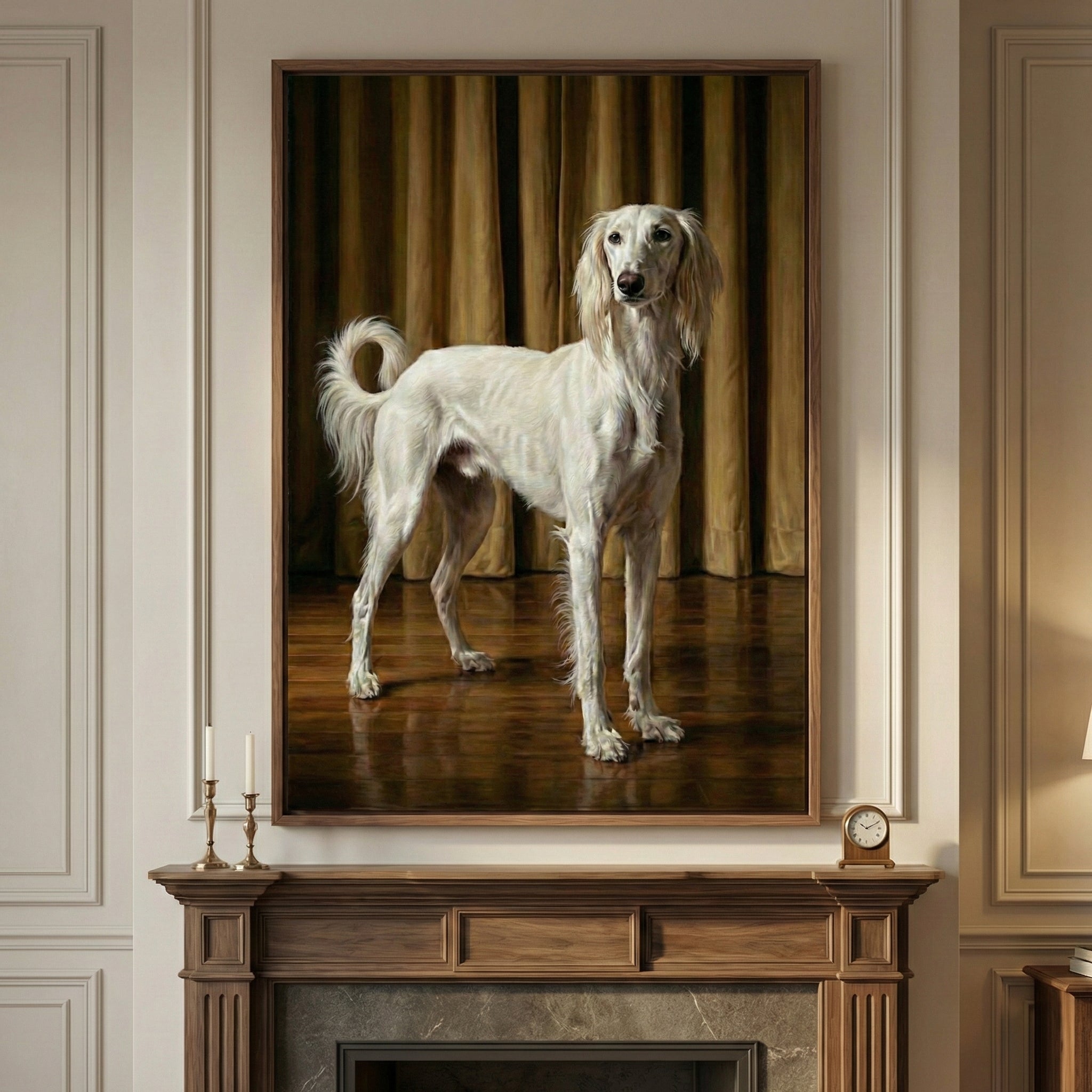 Framed painting of a white saluki standing gracefully on a polished wooden floor in front of golden drapes. The sighthound’s long limbs and silky ears are highlighted in a soft, classical setting above a wood-framed fireplace.