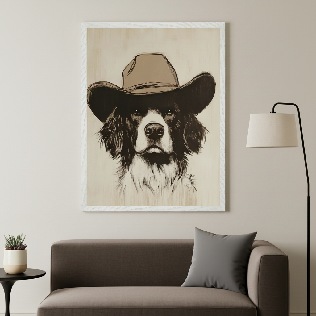 Modern living room with a brown sofa, black side table, and floor lamp. A large framed print of a black and white dog wearing a cowboy hat in a sketch style hangs above the sofa.