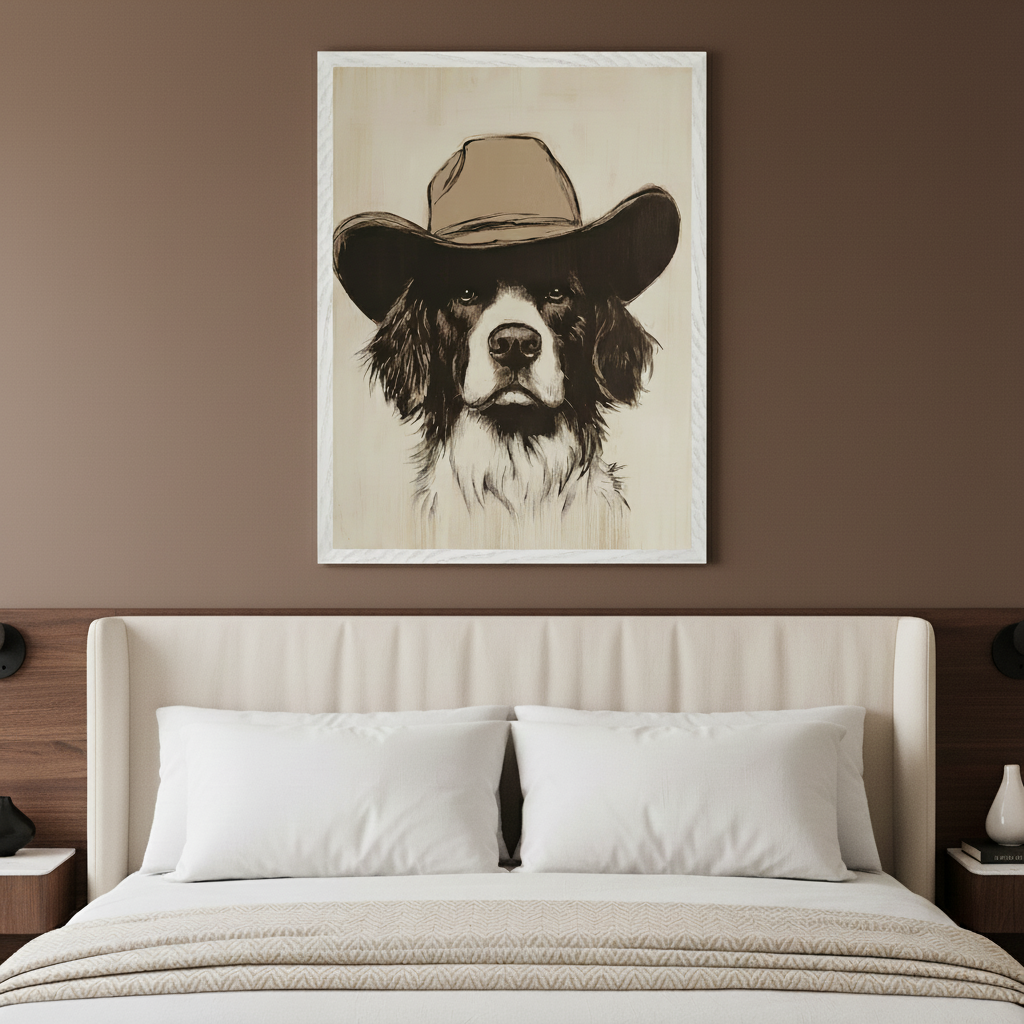 Modern bedroom featuring a cream upholstered bed with a headboard. A large, framed drawing of a black and white dog wearing a cowboy hat hangs centered on the brown wall above the bed. The artwork has an expressive sketch style on a light background.