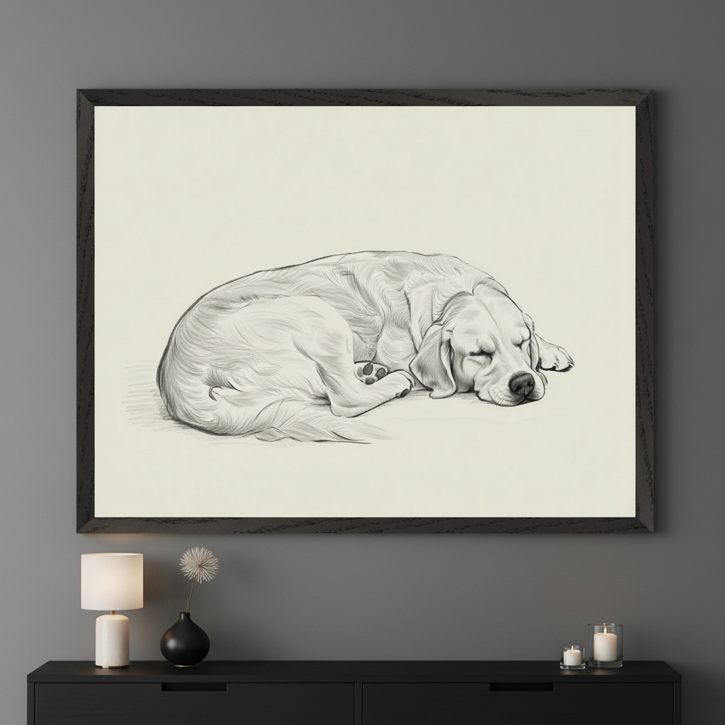 Modern living room with a long black dresser. A large framed pencil sketch of a sleeping golden retriever dog curled up hangs centered above the dresser.
