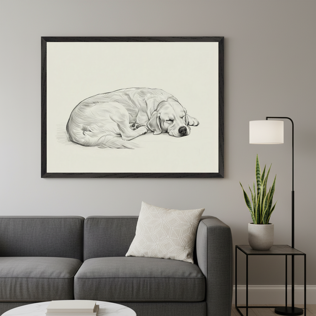 Modern living room with a dark gray sofa and a white marble coffee table. A large framed black and white pencil sketch of a sleeping golden retriever hangs centered above the sofa. A black floor lamp and potted snake plant are to the right of the sofa.