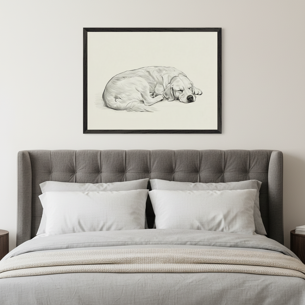 Modern bedroom with a gray tufted headboard bed. A dark-framed drawing of a sleeping golden retriever hangs centered above the bed.