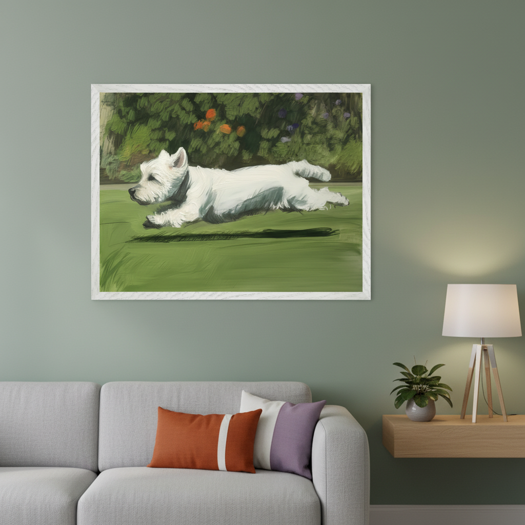 Modern living room with a gray sofa and throw pillows. Above the sofa, a framed painterly depiction of a white Westie dog running on green grass with foliage. A side table with a lamp and plant is to the right.