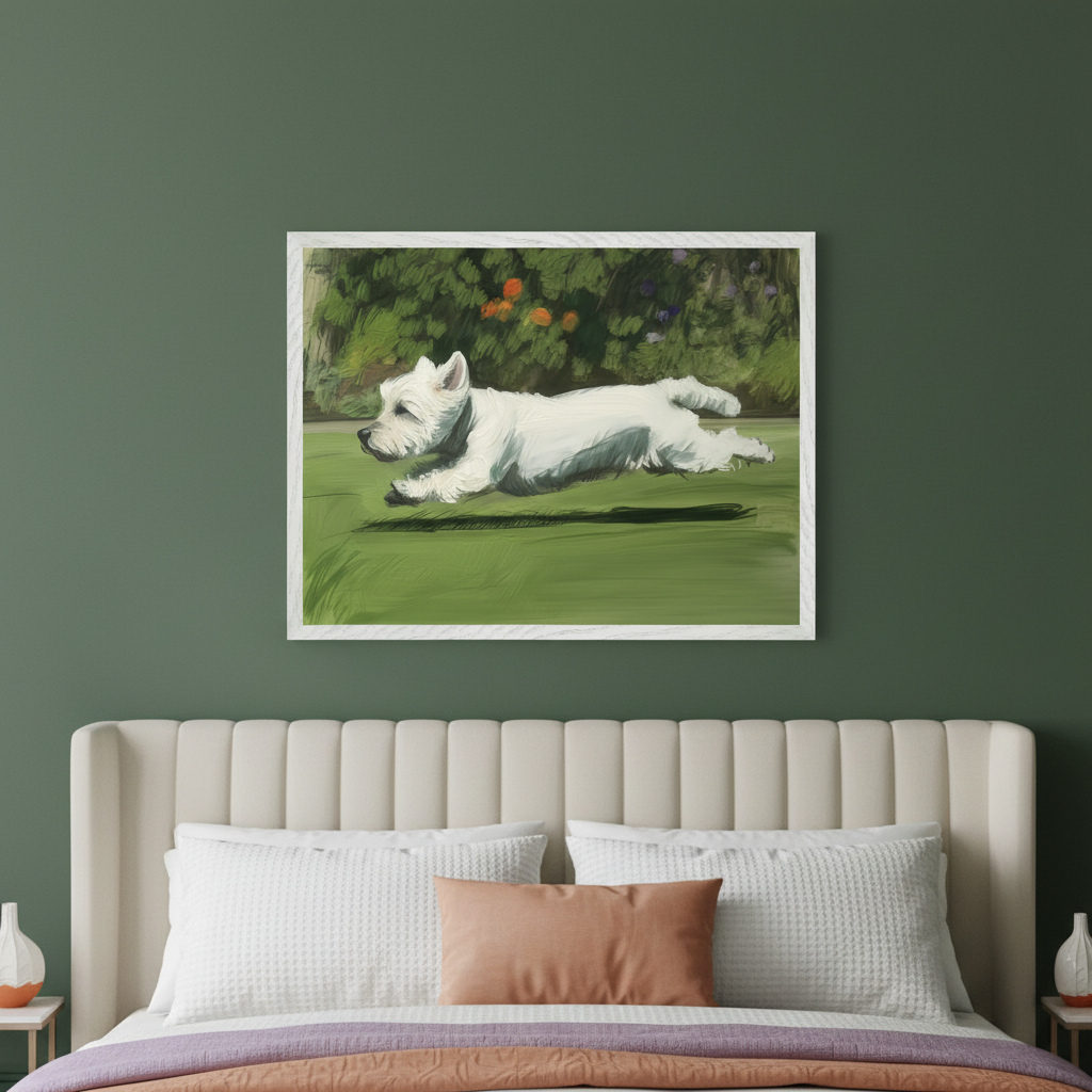 Modern bedroom with an upholstered bed against a dark green wall. A framed painting of a white Westie dog running in a grassy field, depicted in a brushstroke style, hangs centered above the bed.