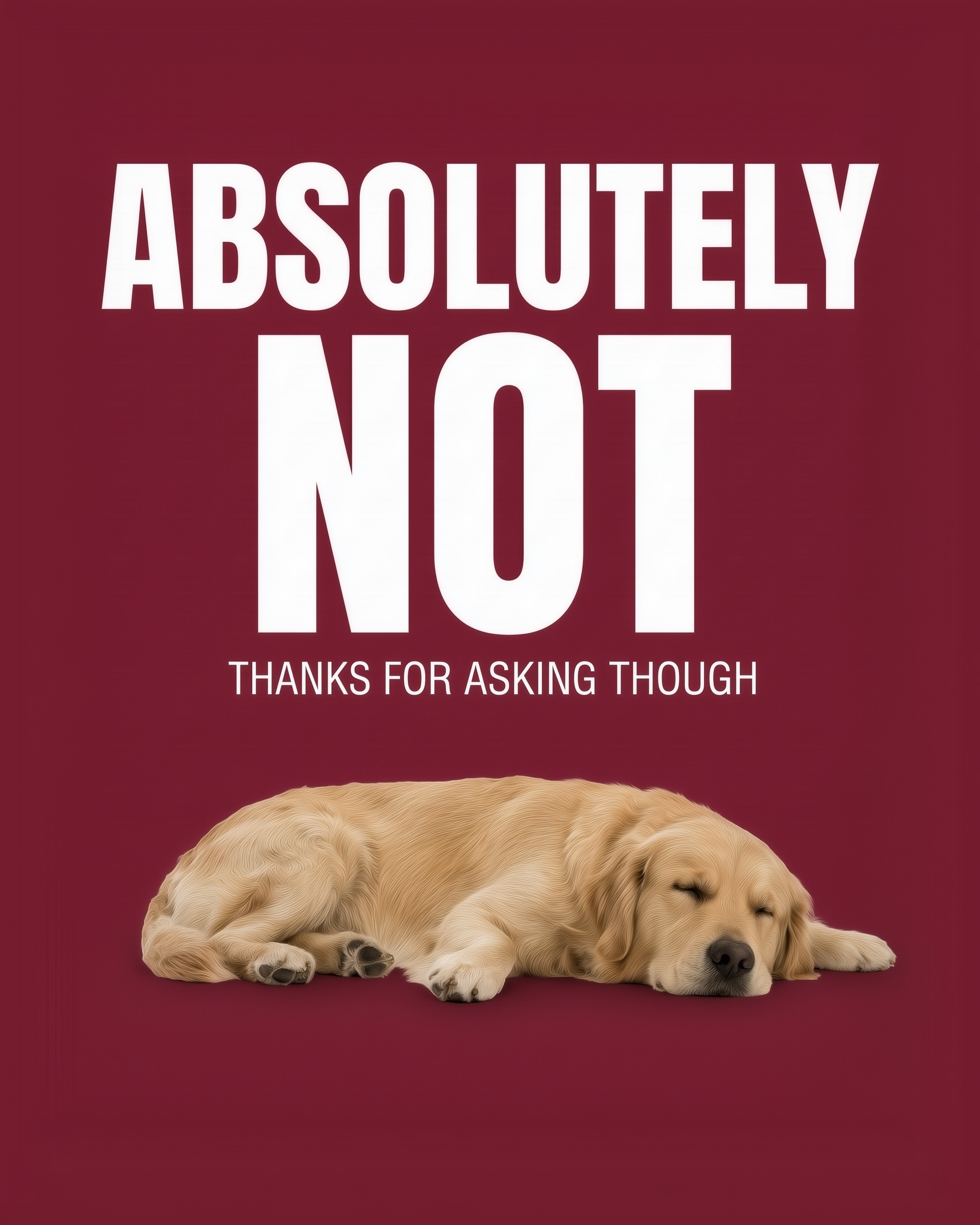  A golden retriever lies peacefully with eyes closed beneath bold white text on a maroon background that reads “ABSOLUTELY NOT. Thanks for asking though.