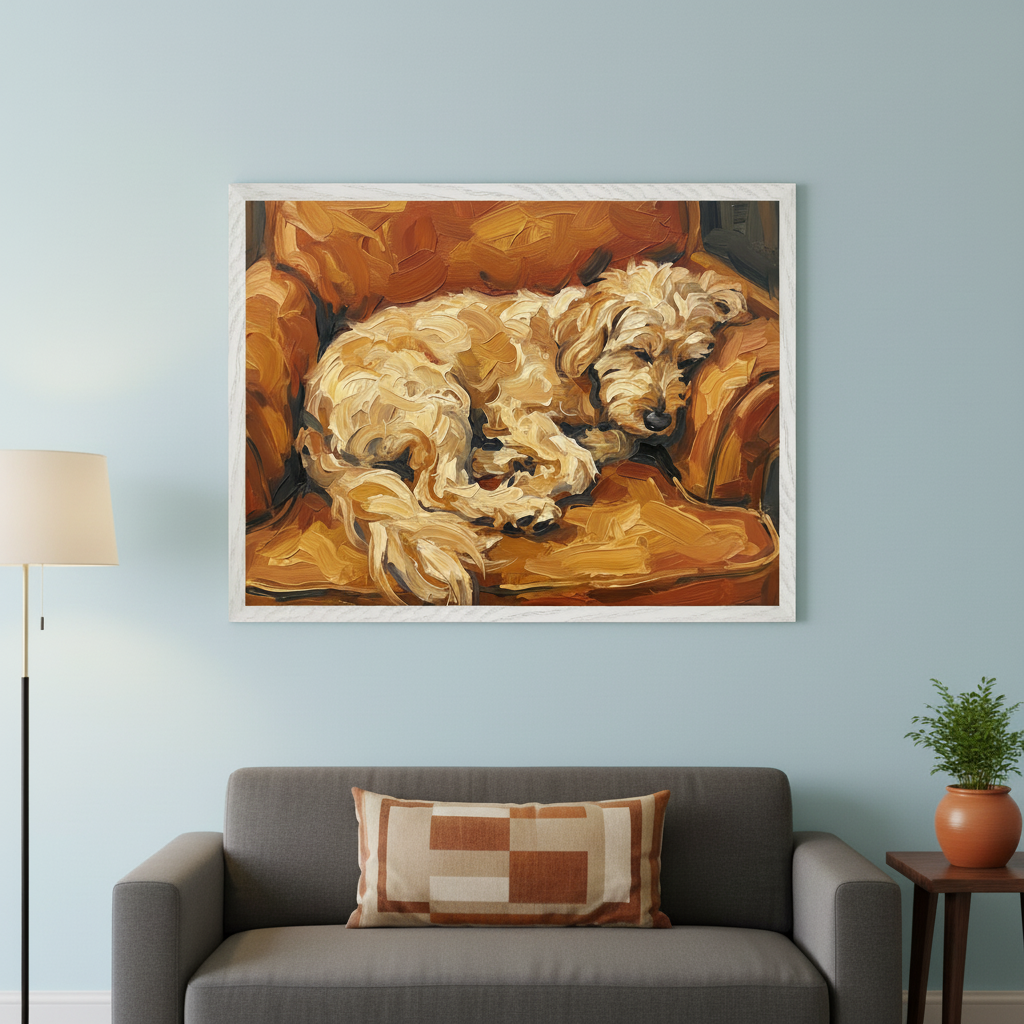 Living room with a light blue wall and a gray sofa. A large white-framed impasto painting of a light brown dog sleeping on an orange armchair hangs centered above the sofa. A floor lamp and a small plant on a side table are also visible.