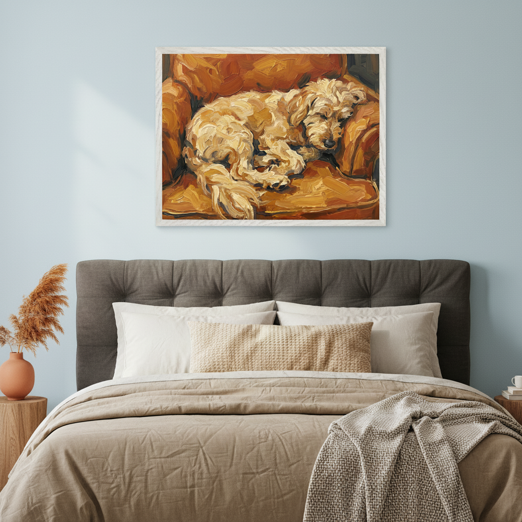 Modern bedroom with a neutral bed and dark gray tufted headboard. A framed impressionistic painting of a sleeping golden dog on an orange armchair hangs above the bed.