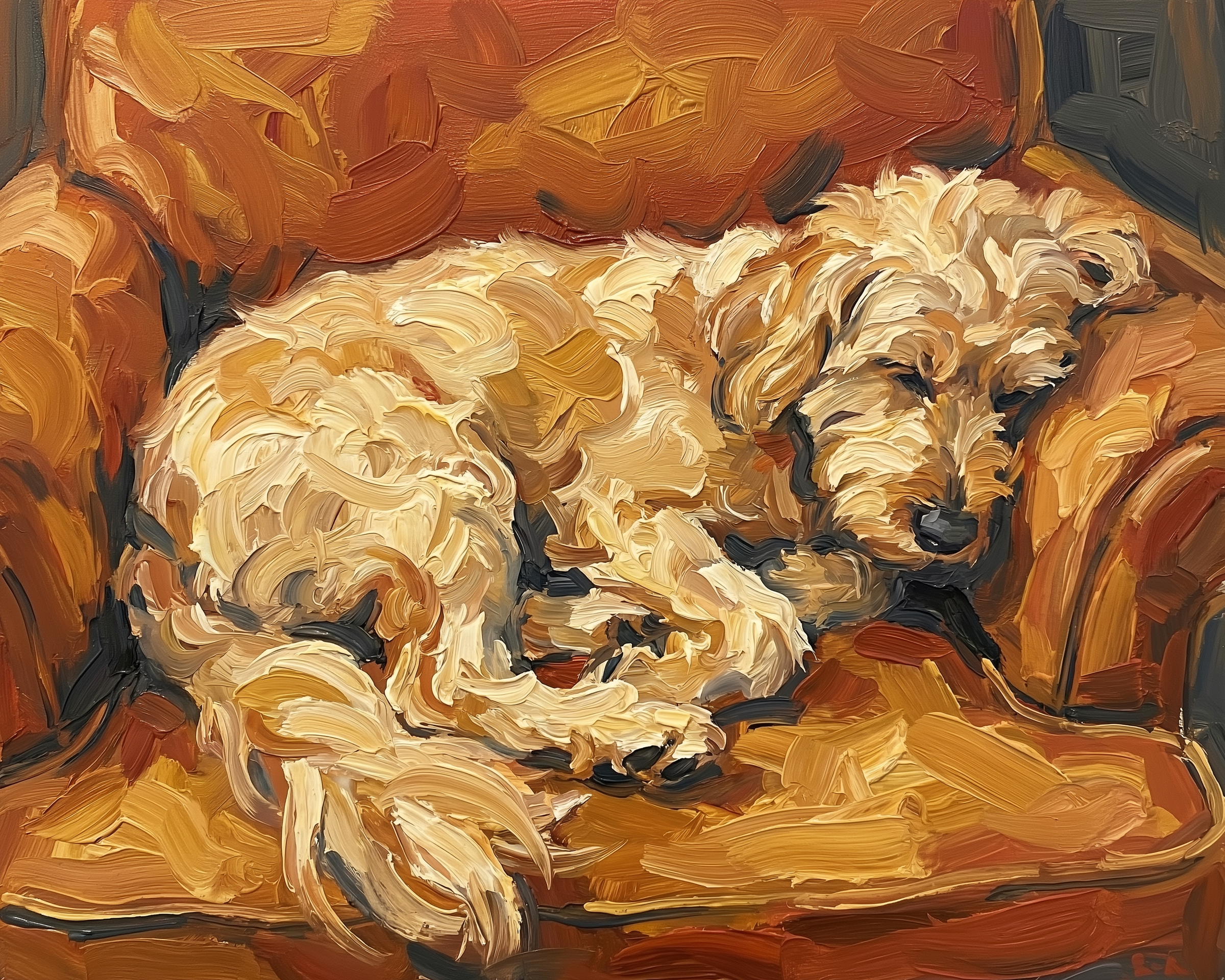 Impressionist-style painting of a fluffy cream-colored dog peacefully curled up on a warm-toned armchair.
