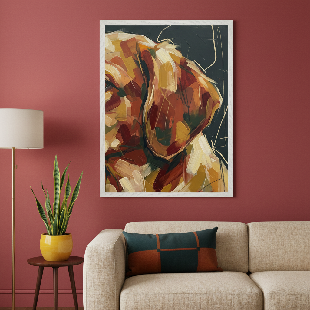 Living room with a beige sofa, wooden side table, and floor lamp. A large framed abstract painting of a dog's head and ear in warm earthy tones hangs off-center above the sofa on a reddish-pink wall.