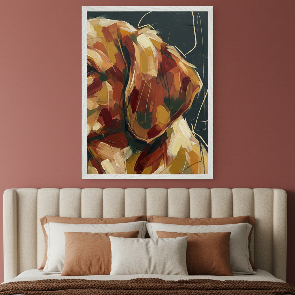 Modern bedroom with a beige upholstered bed and terracotta wall. A large framed abstract painting of a dog's head with warm-toned brushstrokes and a dark background hangs centered above the bed.