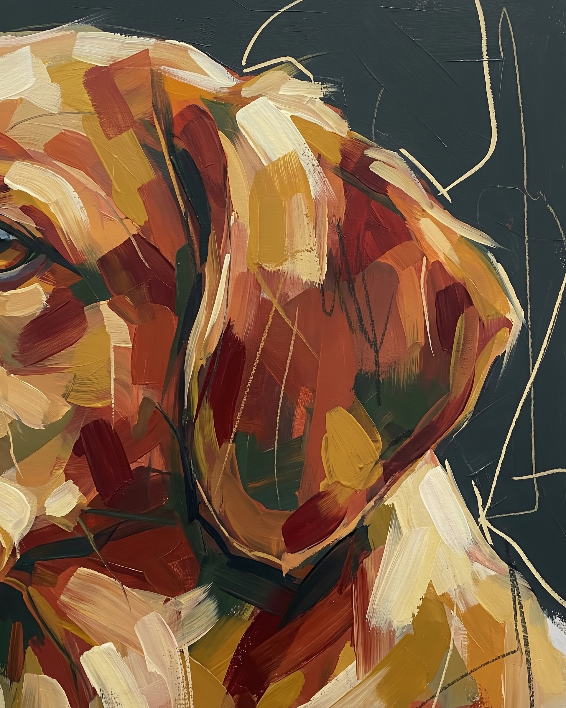 Abstract painting of a dog’s head in warm earthy tones, with bold brushwork and a dark background.
