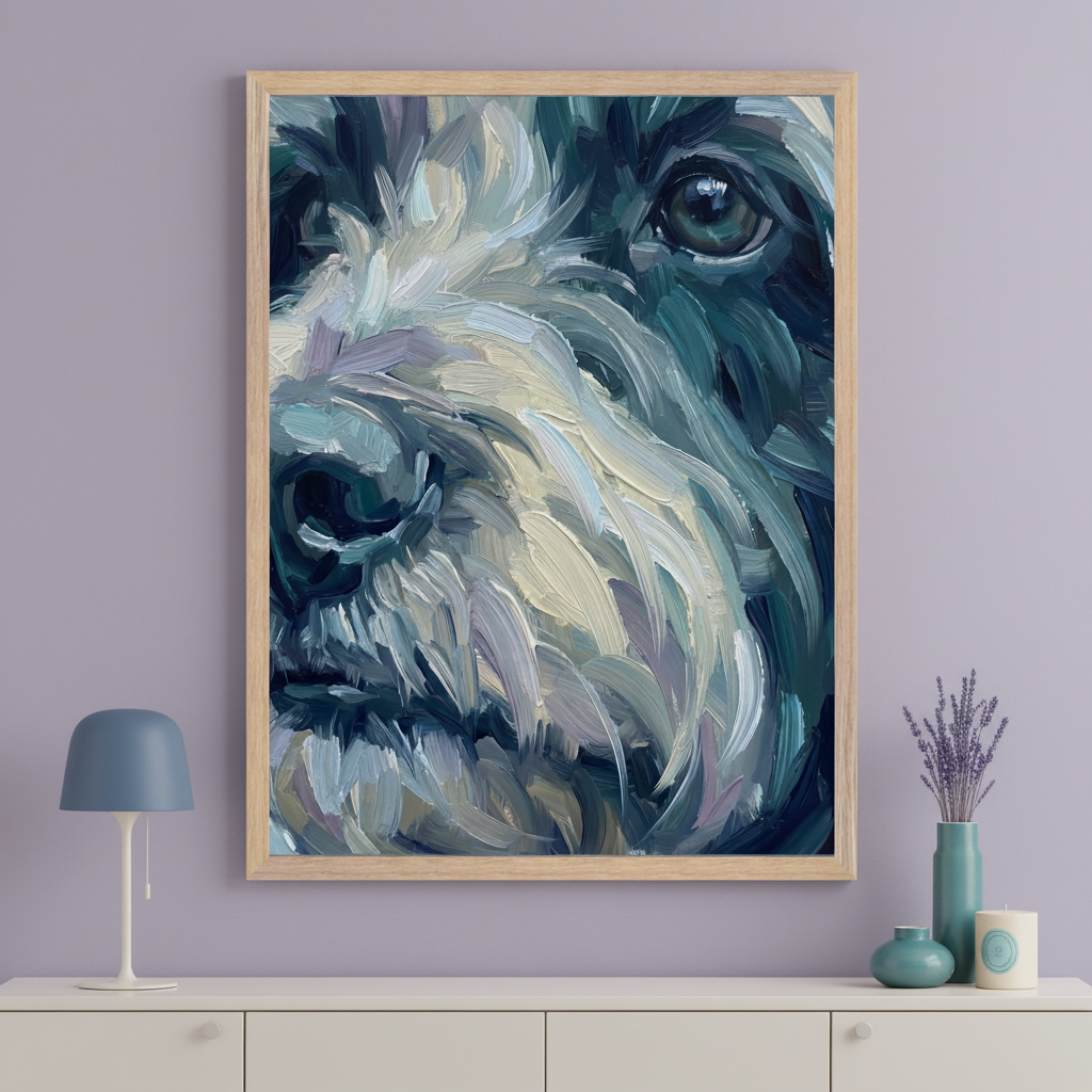 Modern living space with a lavender wall. A large framed oil painting of a dog's face, featuring expressive blue, white, and cream brushstrokes, hangs above a white credenza. A blue lamp and decor are on the credenza.