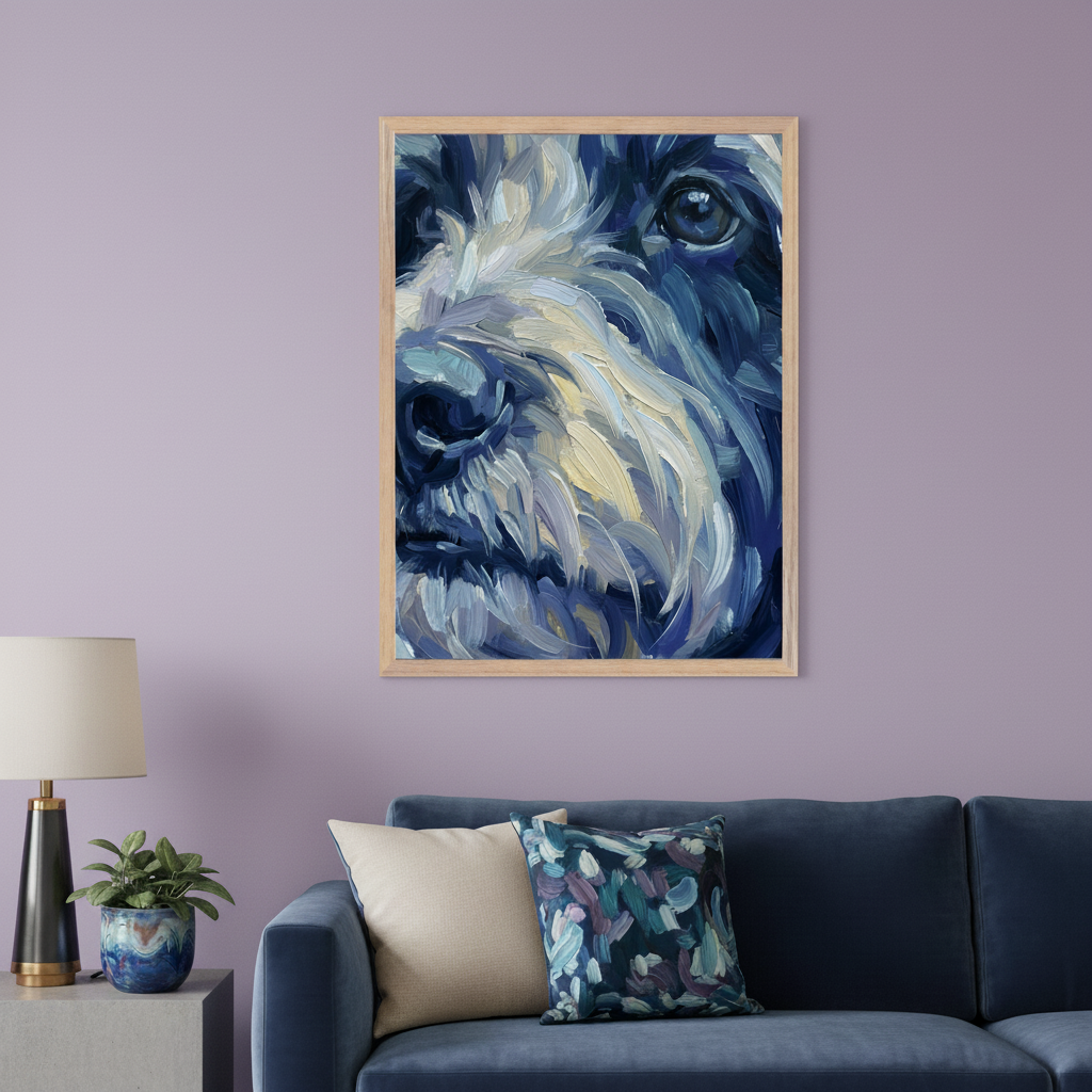 Modern living room with lavender walls and a blue sectional sofa. A framed, impressionistic painting of a dog's face with bold blue, white, and yellow brushstrokes hangs centered above the sofa.