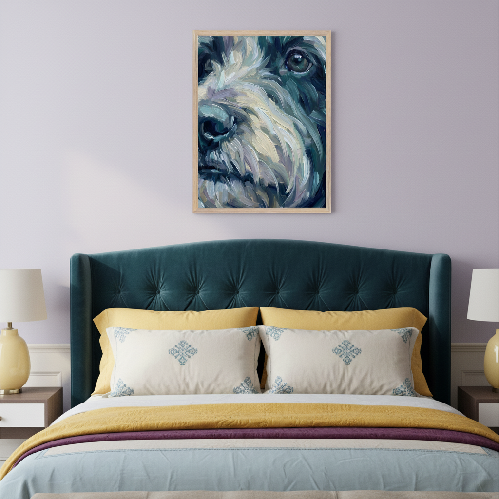 Bedroom with a dark teal tufted headboard bed. A framed textured oil painting of a shaggy dog's face, in blues, grays, and whites, hangs centered above the bed.