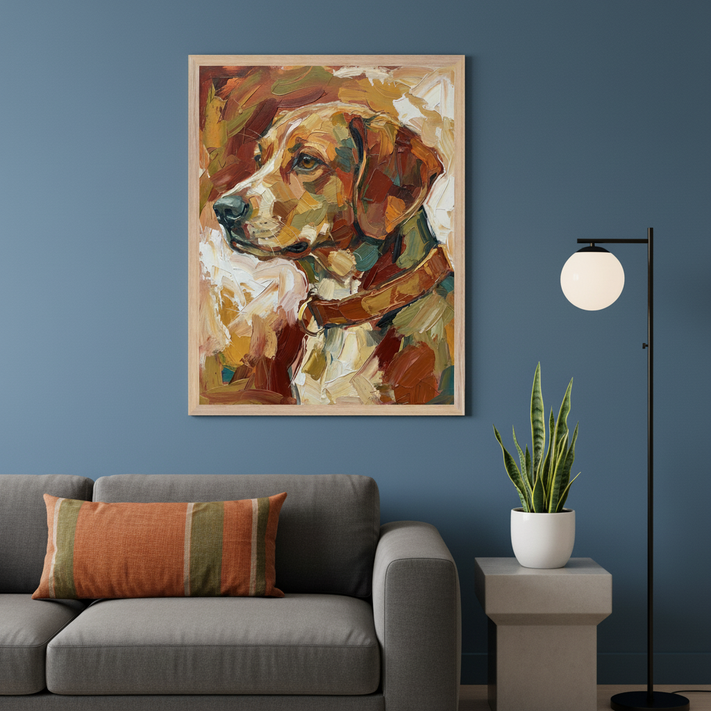 Modern living room with a grey sofa and an orange striped pillow. A large framed impasto oil painting of a brown and white dog in profile hangs on the blue wall above the sofa. A floor lamp and snake plant on a concrete side table are on the right.