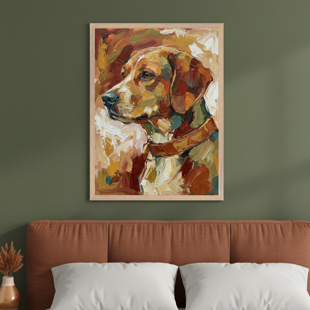 Modern bedroom with a bed featuring a rust-colored upholstered headboard. A framed oil painting of a dog's profile in an impasto style with warm, earthy tones hangs centered above the headboard.
