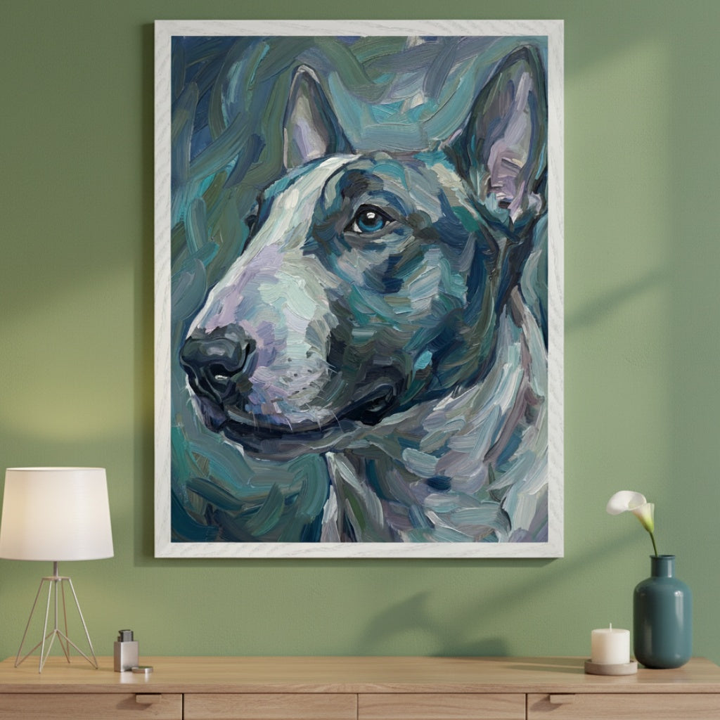 Modern room with green walls and a light wood dresser. A large framed impressionistic painting of a blue and grey Bull Terrier dog's profile hangs centered above the dresser. A lamp, small bottle, candle, and vase are on the dresser.