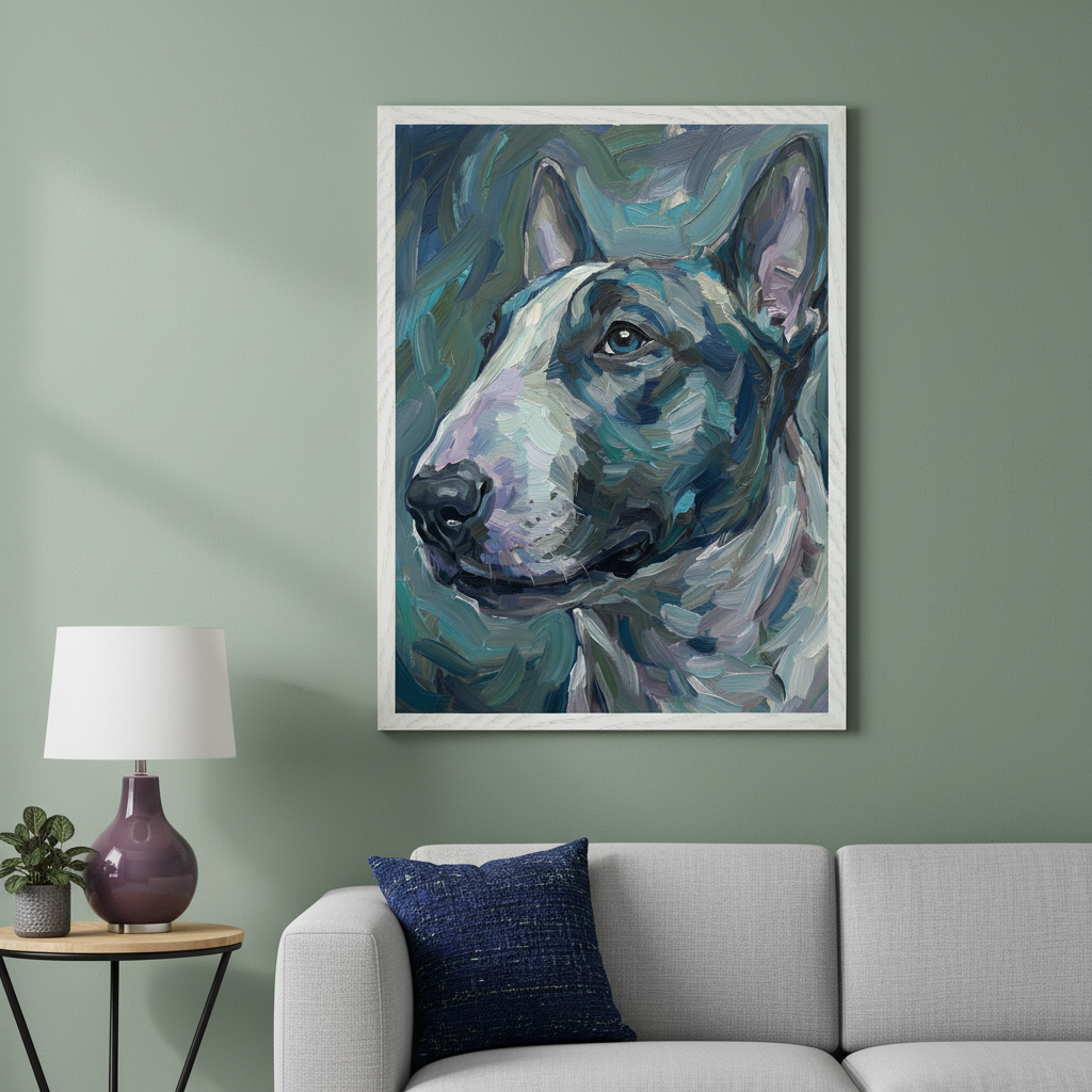 Modern living room with a light gray sectional sofa. A large framed expressive oil painting of a blue and white Bull Terrier's head, looking left, hangs above the sofa. A purple lamp and a small plant are on a side table to the left.