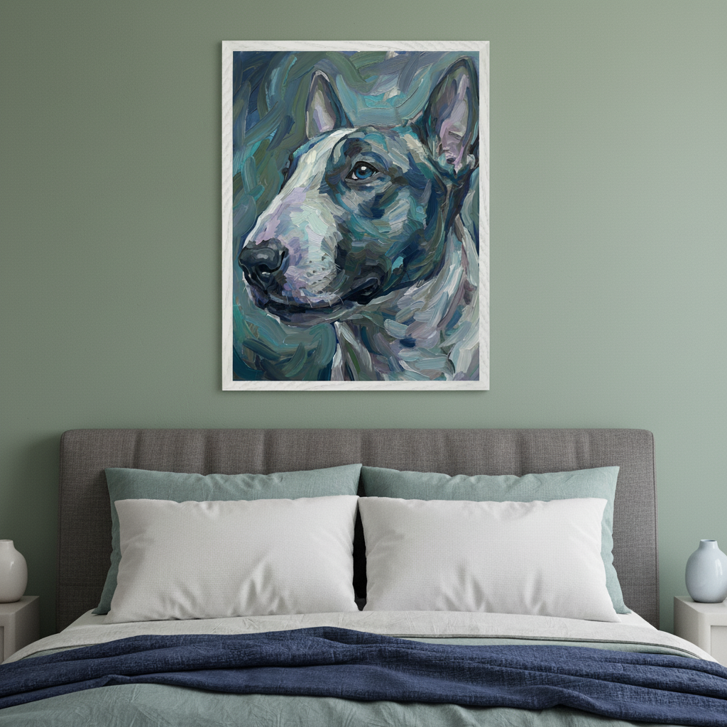 Modern bedroom with a gray upholstered bed. A framed impressionistic painting of a Bull Terrier dog's head with blue and green tones hangs centered above the headboard.