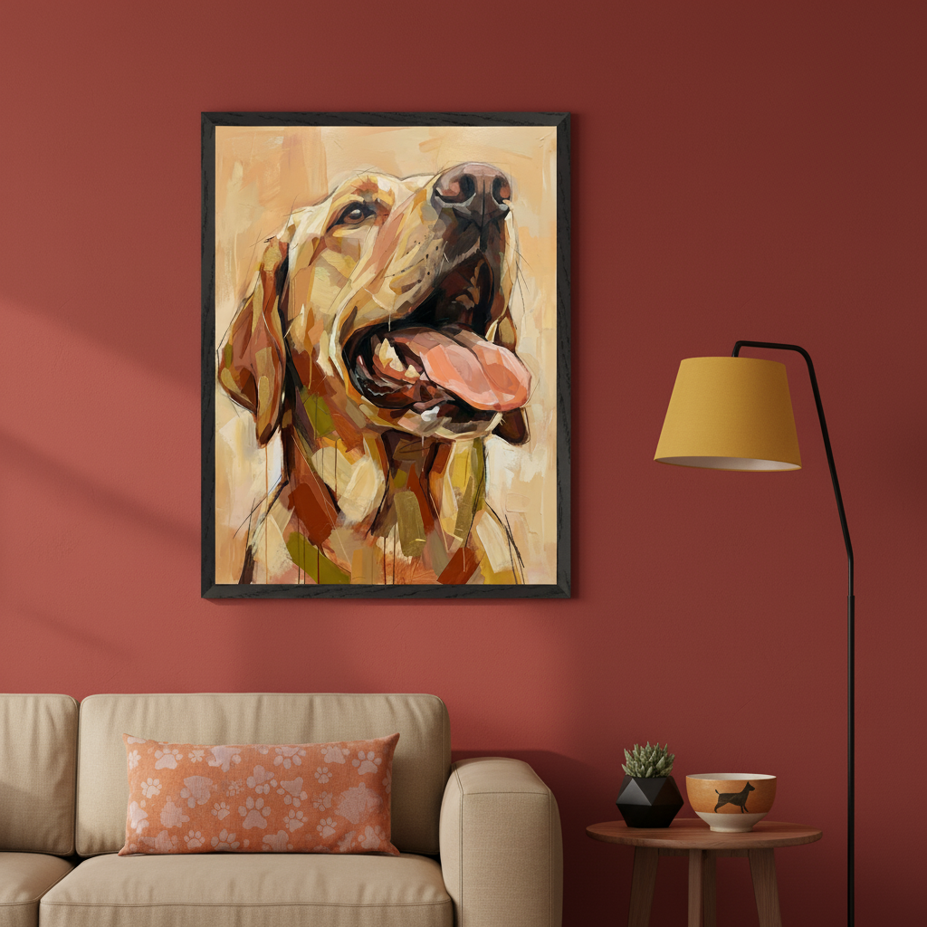 Living room with a beige sofa against a red wall. A large framed stylized painting of a golden dog with its tongue out, looking up, hangs centered above the sofa. A floor lamp and side table are to the right.