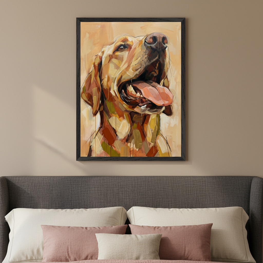 Bedroom with a gray upholstered headboard. A large framed painting of a happy, panting golden dog in a textured, expressionistic style hangs above the bed.