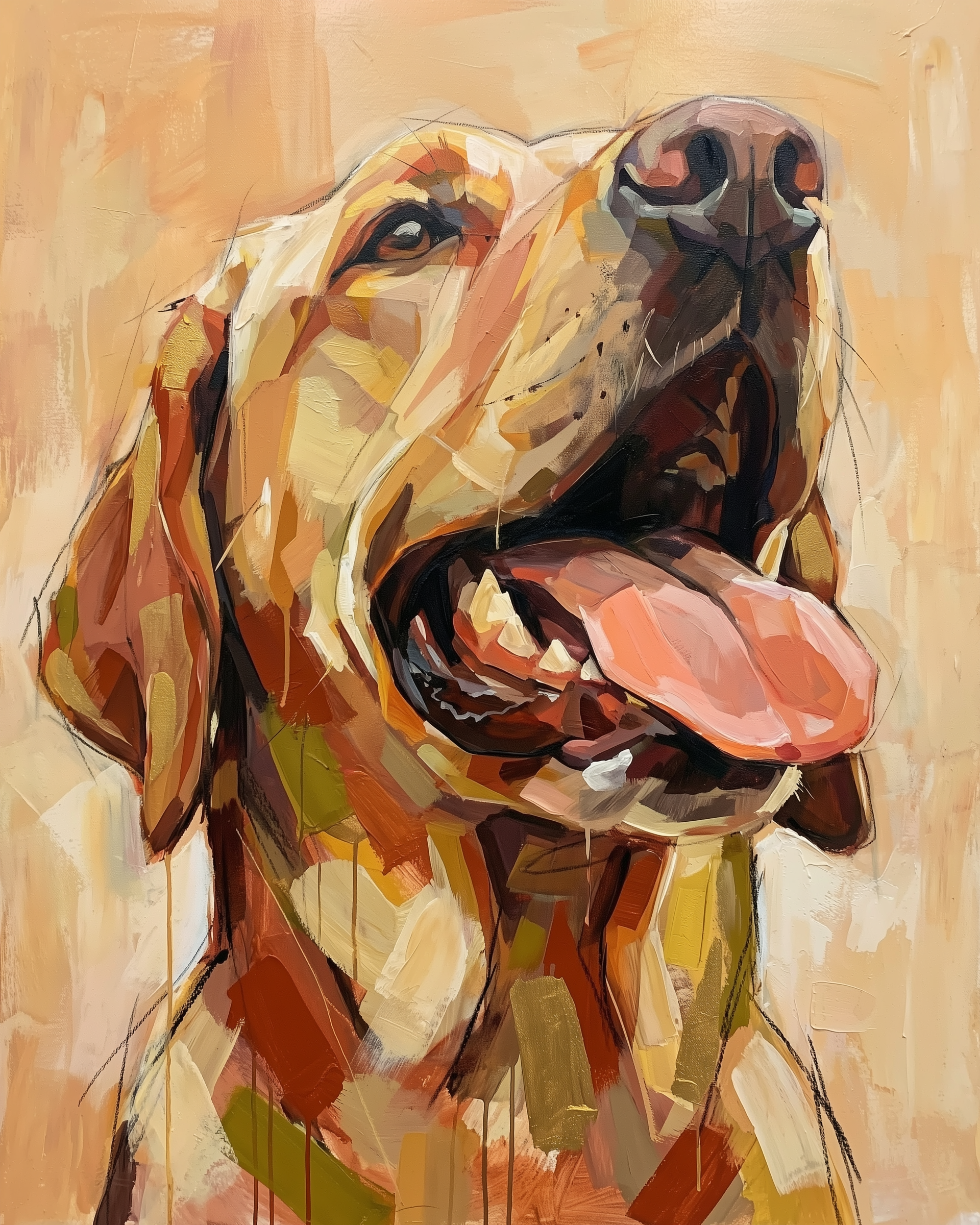 Colorful painting of a joyful dog with its tongue out and head tilted, rendered in warm, patchy brushstrokes against a light background.
