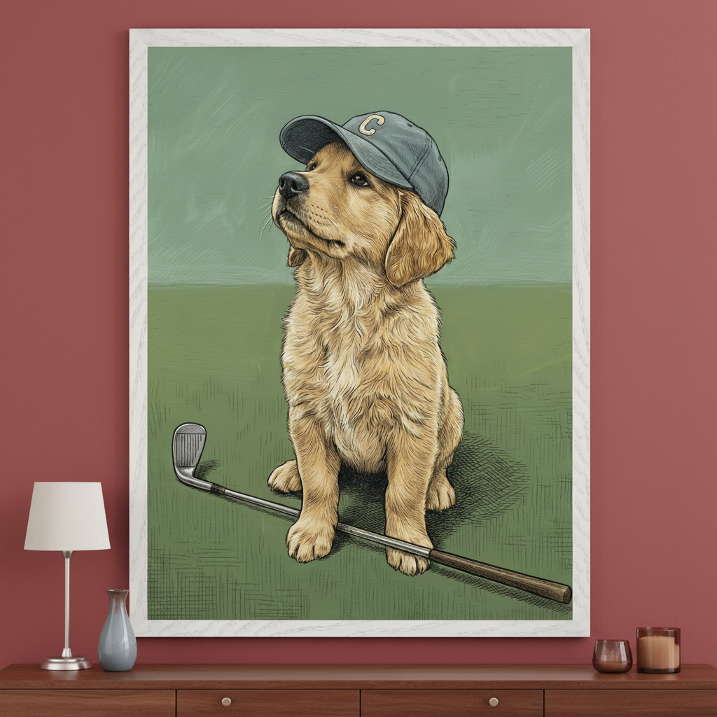 Transitional room with a dark wooden console table. A large framed illustration of a golden retriever puppy in a grey baseball cap, next to a golf club, hangs centered above the console table. A lamp, vase, and two candles are on the table.
