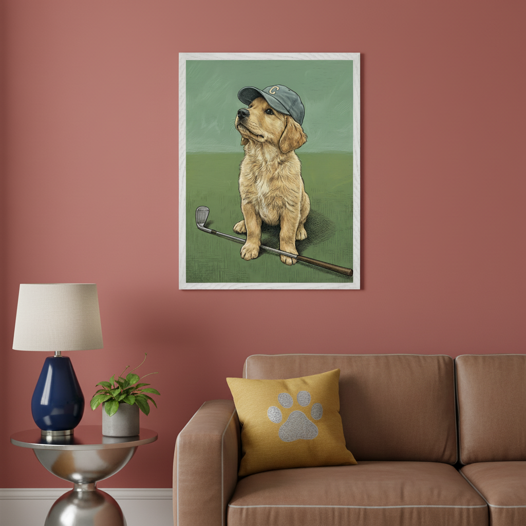 Modern living room with a brown sofa and a silver side table. A large framed illustration of a golden retriever puppy wearing a baseball cap, sitting on green grass with a golf club, hangs above the sofa on a reddish-pink wall.