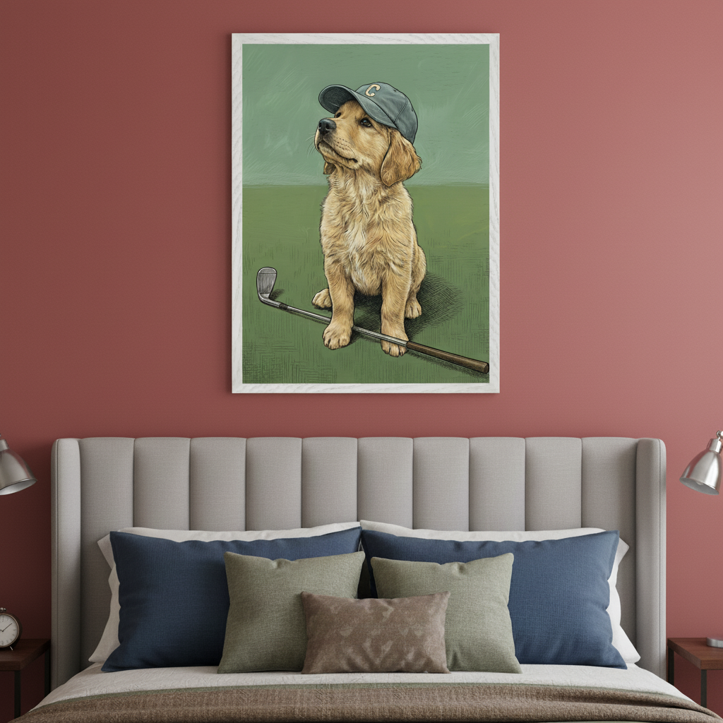 Modern bedroom with a light grey upholstered bed. A framed illustration of a golden retriever puppy wearing a baseball cap and sitting on a golf course with a club, hangs centered above the bed.