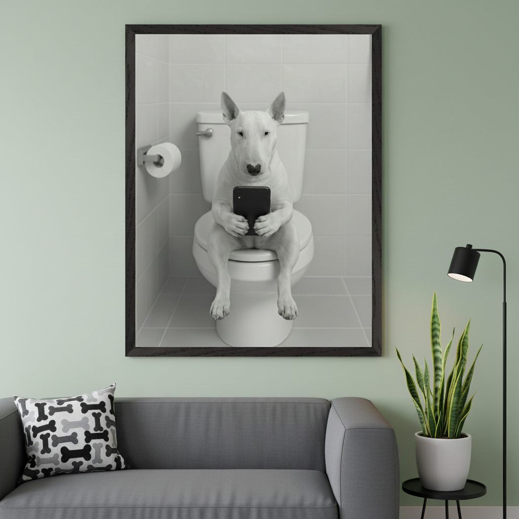 Modern living room with a gray sofa. A large framed black and white photo of a white Bull Terrier dog sitting on a toilet holding a smartphone hangs on the wall above the sofa.
