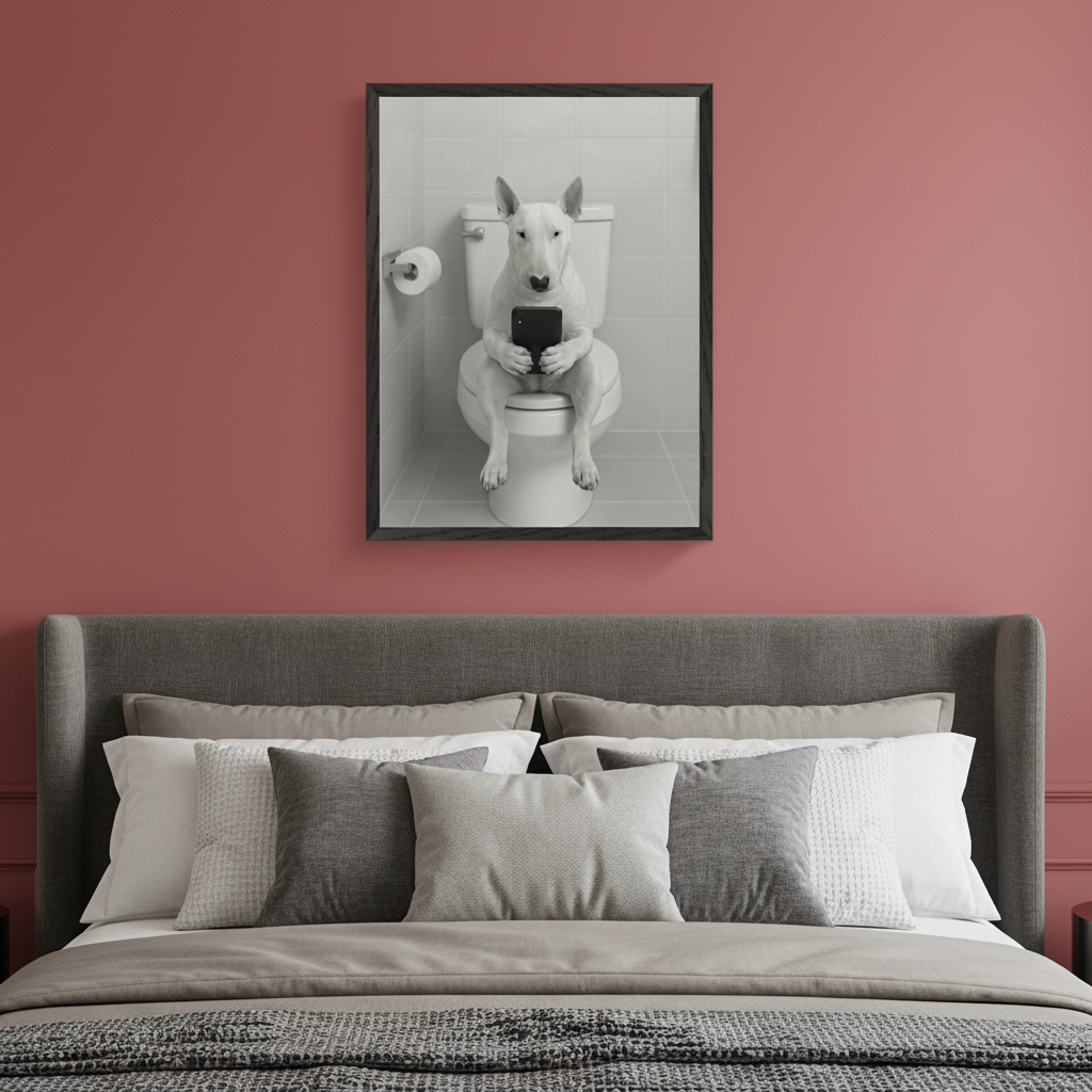 Bedroom with a dusty rose wall and a gray upholstered bed. A framed black and white photo of a Bull Terrier dog sitting on a toilet and holding a smartphone hangs centered above the bed.