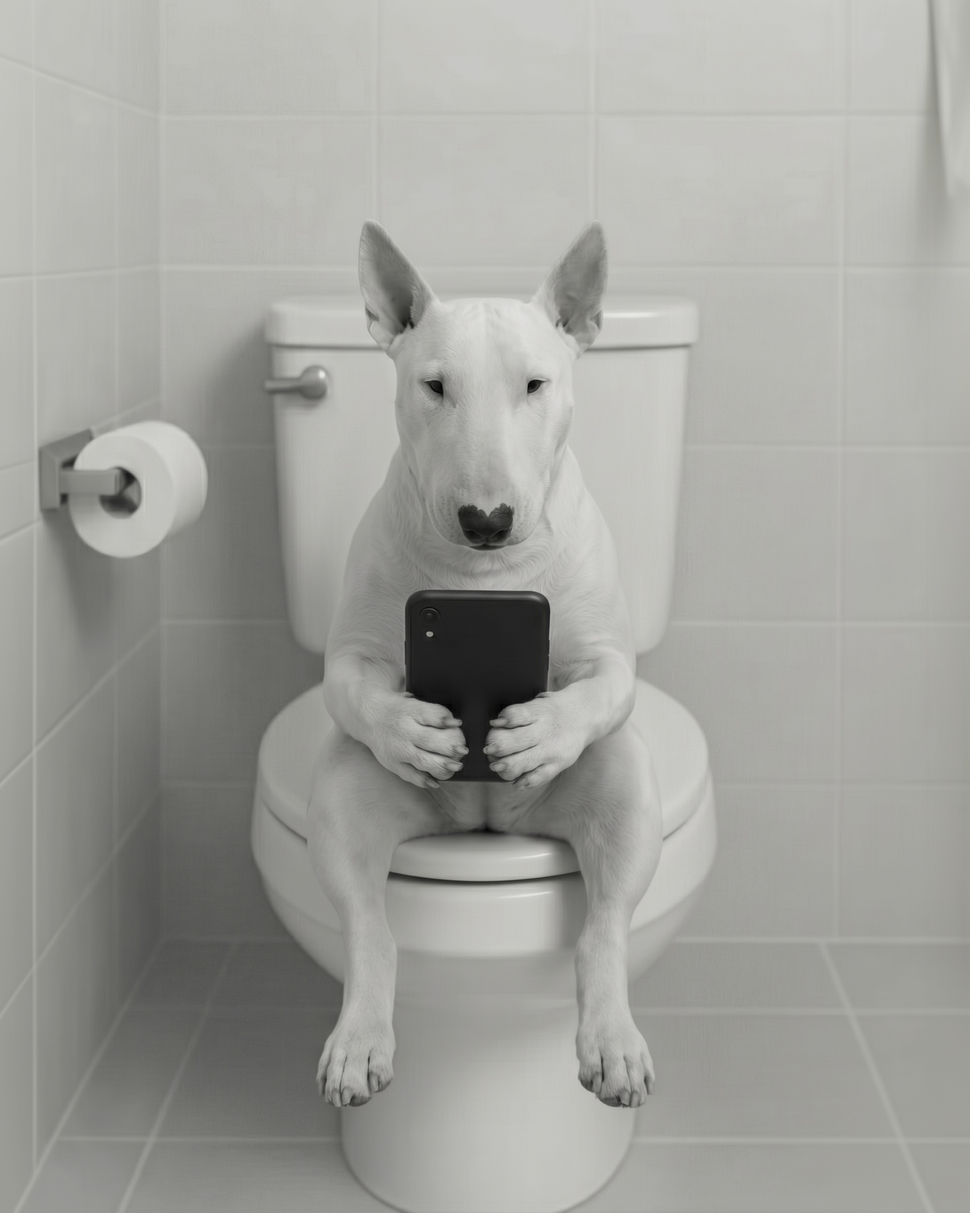 Humorous photo of a white bull terrier sitting upright on a toilet in a tiled bathroom while holding a smartphone, mimicking a human’s bathroom routine.
