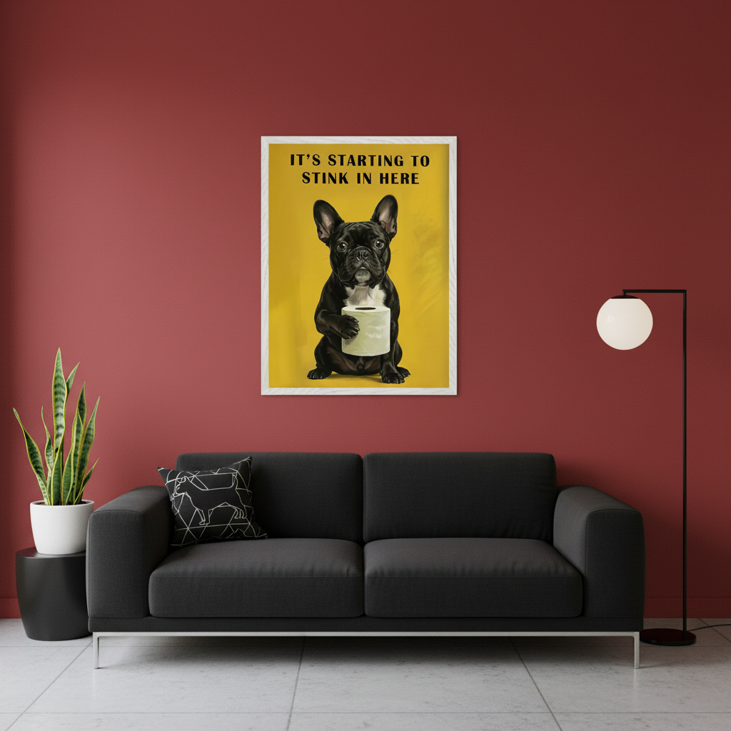 Modern living room with a dark grey sofa. Above the sofa hangs a framed print of a black French bulldog holding a roll of toilet paper against a yellow background, with the text "IT'S STARTING TO STINK IN HERE". A potted snake plant sits on a side table to the left, and a black floor lamp is to the right.