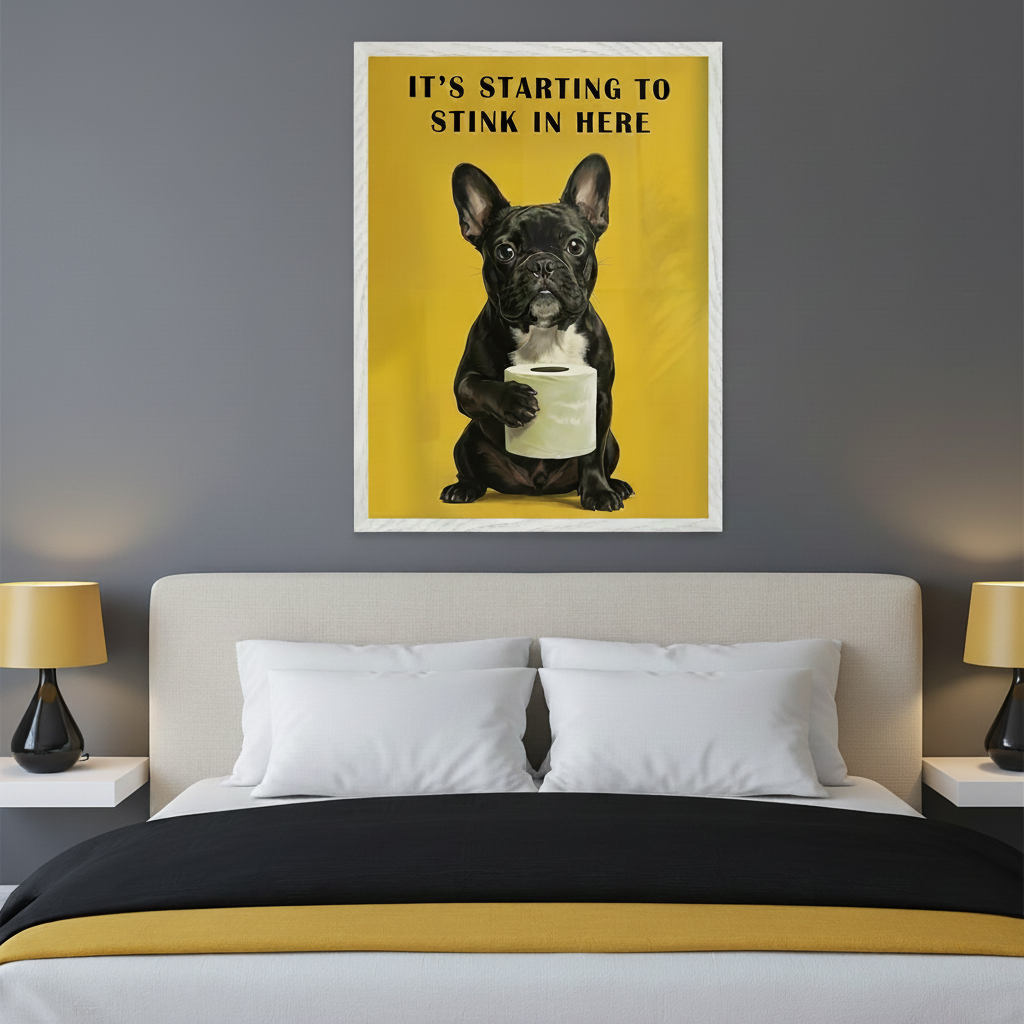 Modern bedroom with a bed and headboard. A framed poster hangs centered above the bed, featuring a black French bulldog holding toilet paper against a yellow background, with the text 'IT'S STARTING TO STINK IN HERE'.