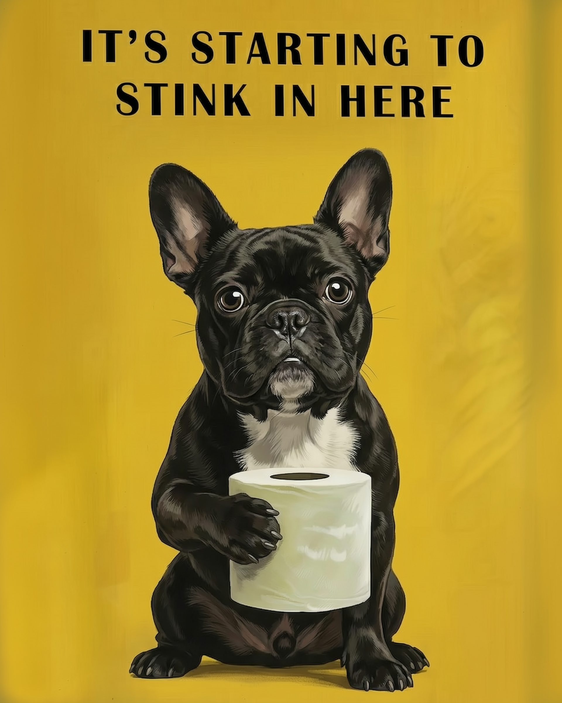 Playful illustrated poster of a black French bulldog holding a roll of toilet paper in front of a yellow background with bold text that reads “It’s starting to stink in here.